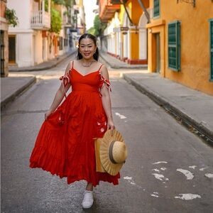 Summer red off the shoulder midi dress